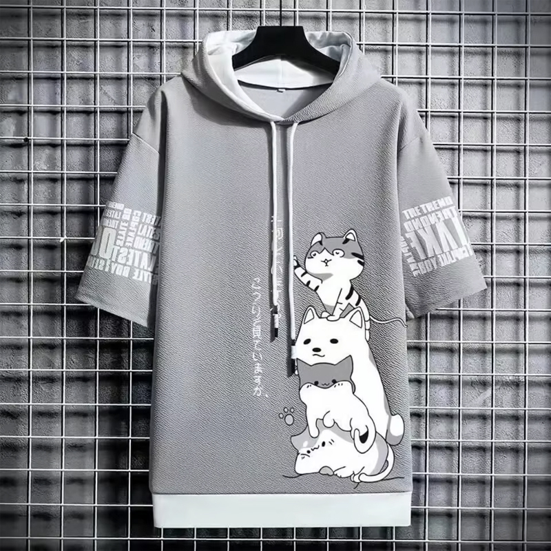mens t shirt, hooded t shirt, cat print t shirt