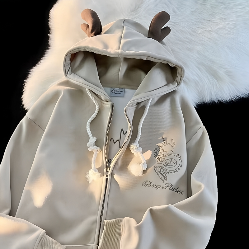 mens hoodie, dragon hoodie, horn hoodie, loose hoodie, oversized hoodie